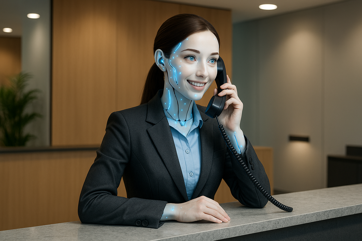 an ai receptionist behind the counter talking on the phone human looking